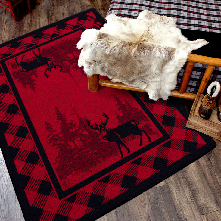 8' x 11' Whitetail Deer Plaid Deep Red Wildlife Rectangle Nylon Area Rug