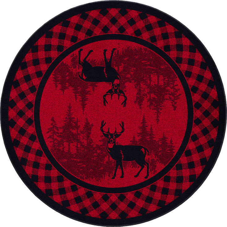 8' Whitetail Deer Plaid Deep Red Wildlife Round Nylon Area Rug