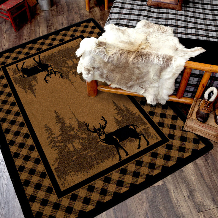 5' x 8' Whitetail Deer Plaid Brown Wildlife Rectangle Nylon Area Rug