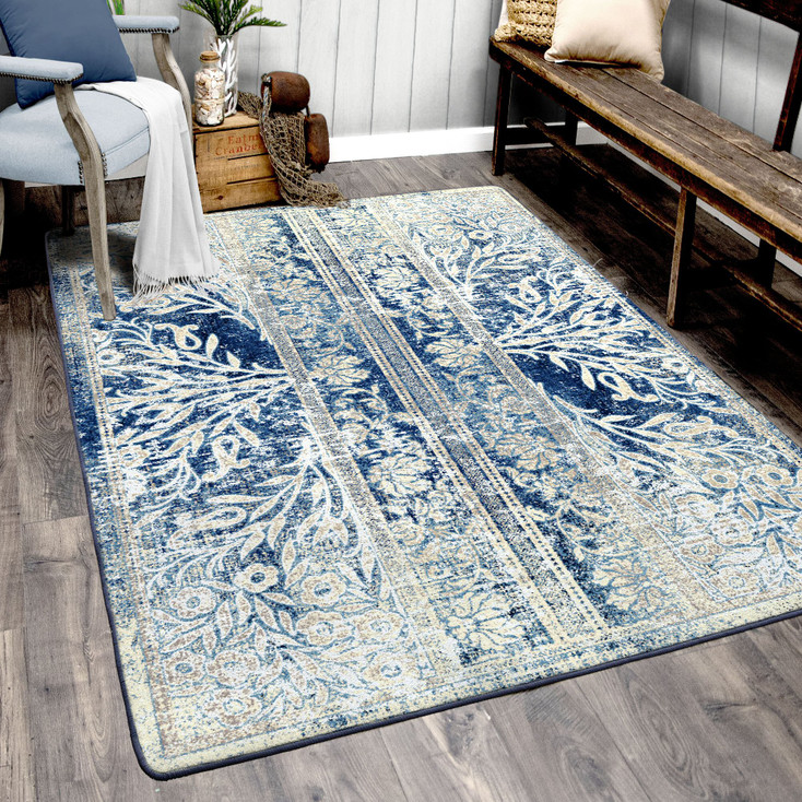 4' x 5' Distressed Delft Flowers Countryside Rectangle Nylon Area Rug