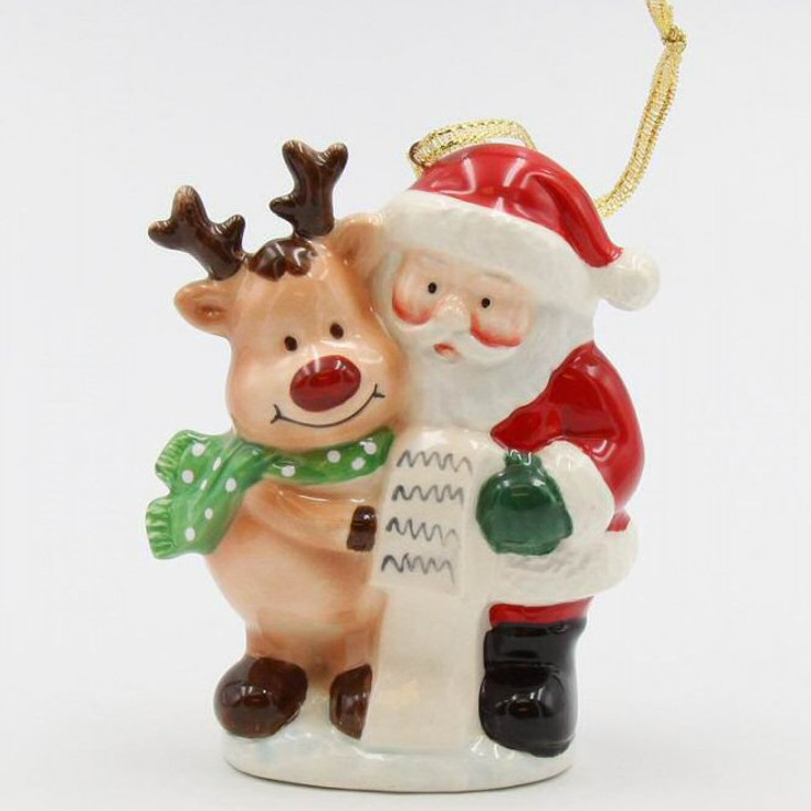 Santa and Reindeer Christmas Tree Ornaments, Set of 2