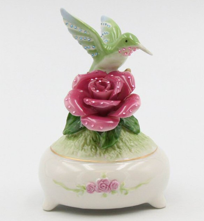 Shimmering Hummingbird Porcelain Musical Music Box Sculpture