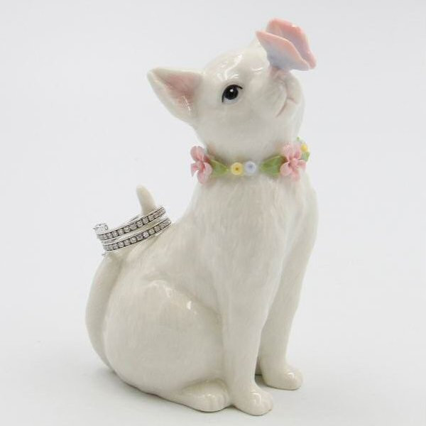 Porcelain White Cat with Butterfly Ring Holder Figurine Sculpture