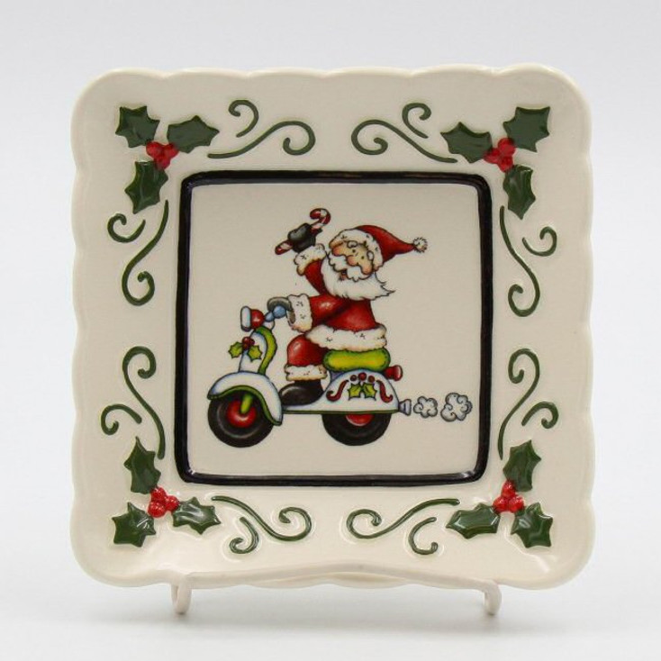 Santa is Coming to Town Riding Scooter Moped Square Plates, Set of 3