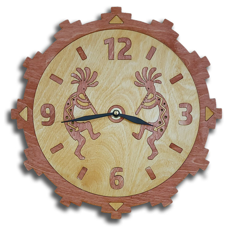 Dancing Kokopelli Tuscan Red Metal and Wood Southwest Inlay Clock