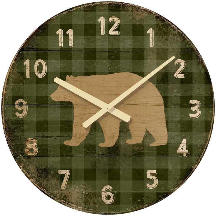 21" Bear on Green Plaid Round Wood Wall Clock