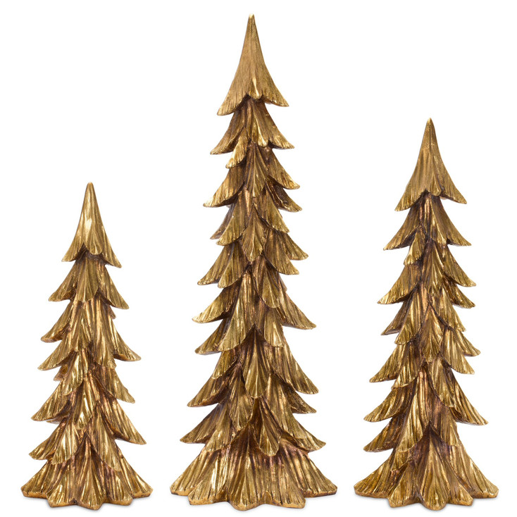 Gold Pine Tree Resin Sculptures, Set of 3