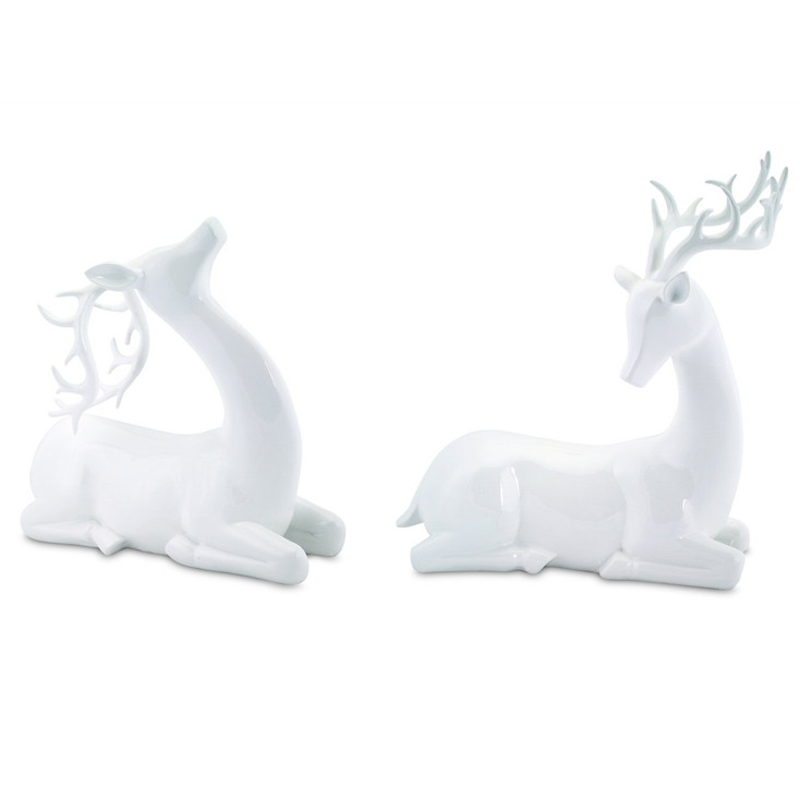 White Modern Deer Polystone Sculptures, Set of 2