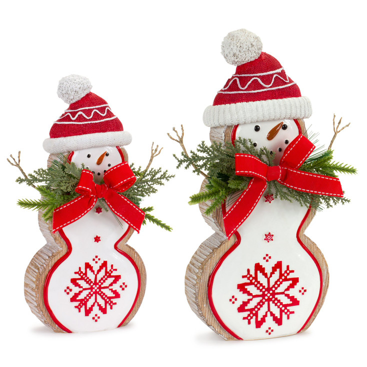 Snowman with Santa Hat Resin Sculptures, Set of 2