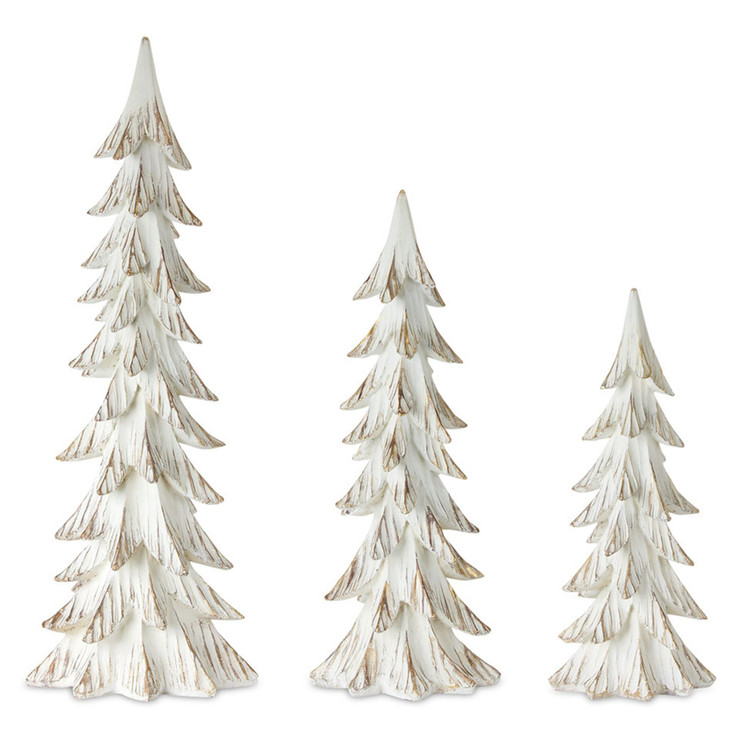 Snowy Carved Pine Tree Resin Sculptures, Set of 3