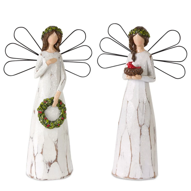 11.5" Angel with Wire Wing Resin Sculptures, Set of 2