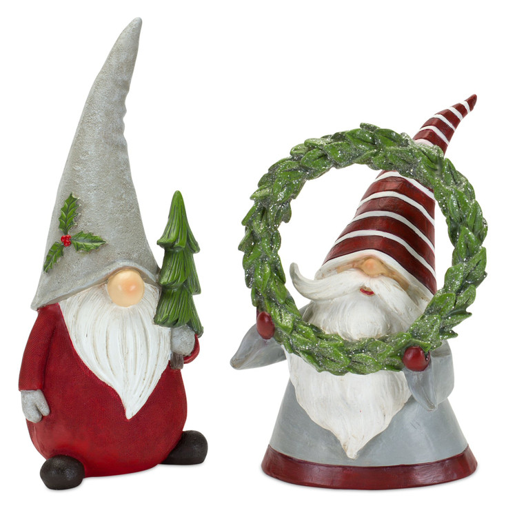 Holiday Gnomes with Wreath & Tree Resin Sculptures, Set of 2