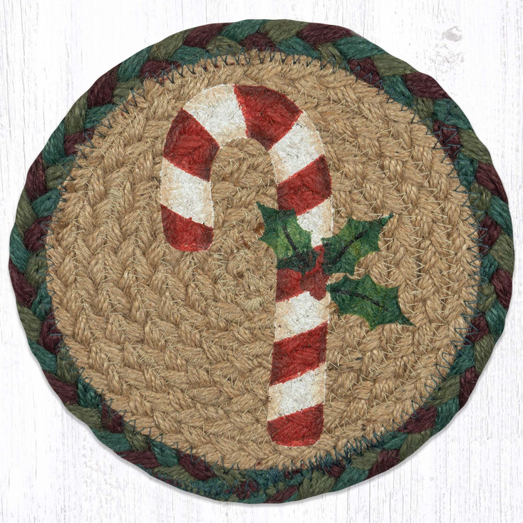 Candy Cane Large Round Jute Coaster by Suzanne Pienta