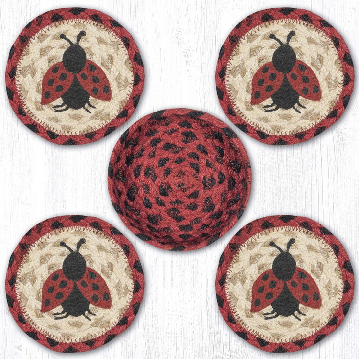 Ladybug Jute Coasters in a Basket by Susan Burd