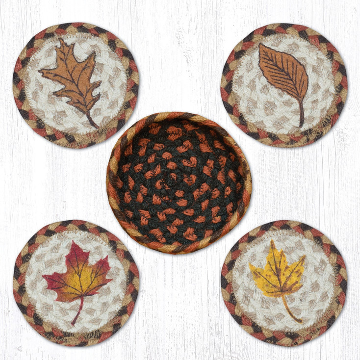 Fall Harvest Leaf Jute Coasters in a Basket by Sandy Clough, Set of 10