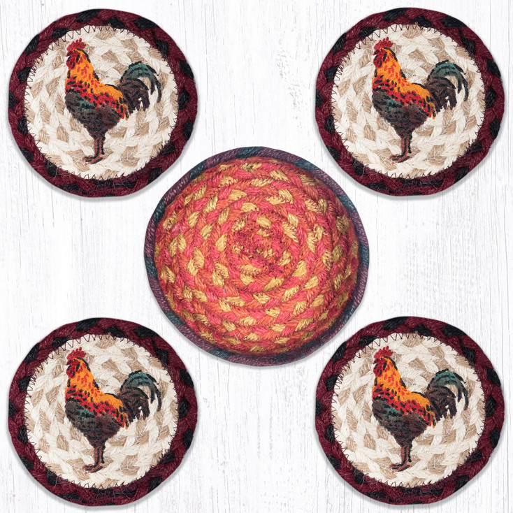 Rustic Rooster Jute Coasters in a Basket by Fern Spackman, Set of 10