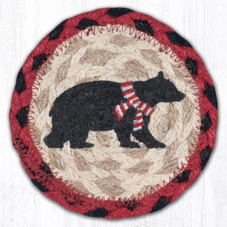 Bear Red Stripe Scarf Printed Jute Coaster by Sandy Clough