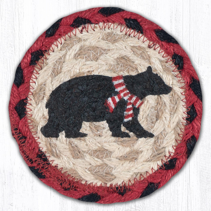 Bear Red Stripe Scarf Printed Jute Coasters by Sandy Clough, Set of 8