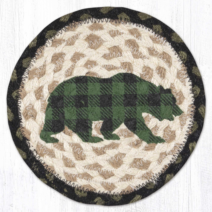 7" Green Plaid Bear Large Round Coasters, Set of 4