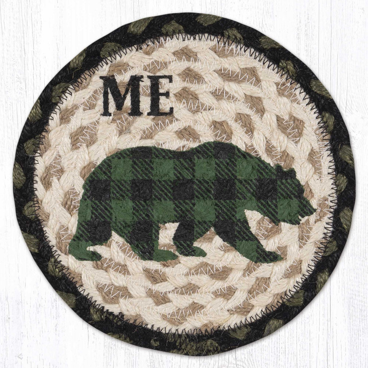 Green Plaid Bear ME Large Round Jute Coaster