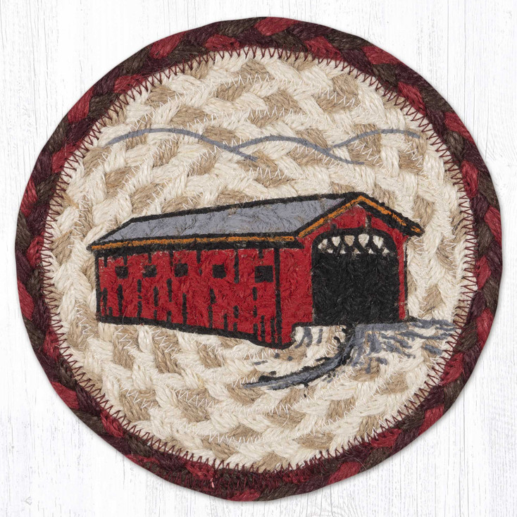 Covered Bridge Large Round Jute Coaster by Harry W Smith