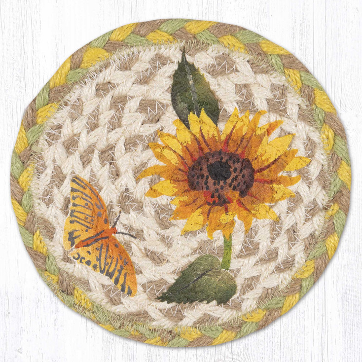 Sunflower Field Large Round Jute Coaster by Sandy Clough