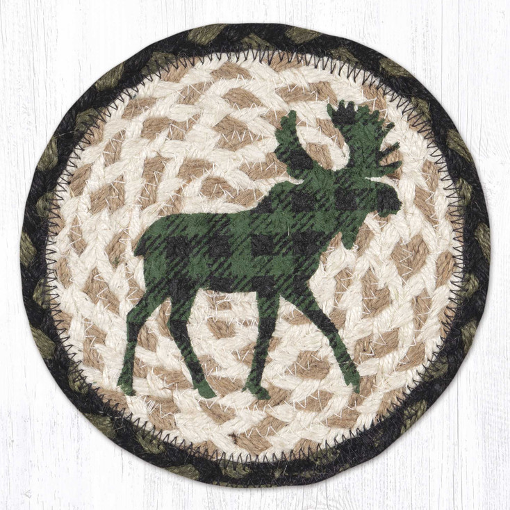 Green Plaid Moose Large Round Jute Coaster
