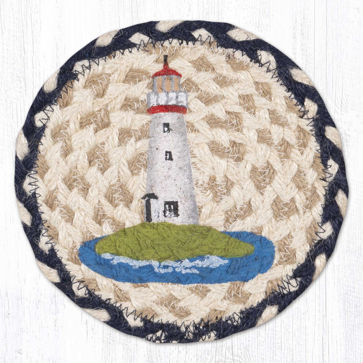 7" White Lighthouse Large Round Coasters by Suzanne Pienta, Set of 4