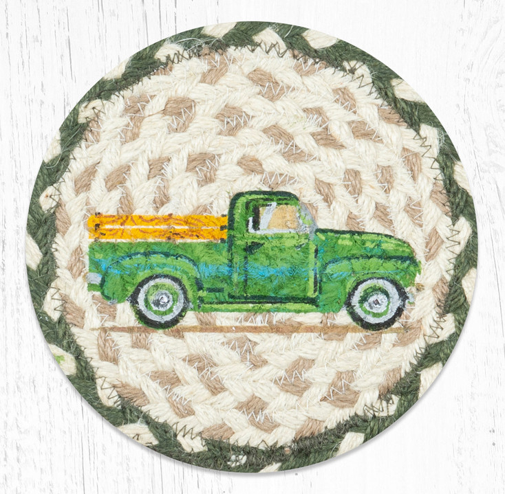 Vintage Green Truck Large Round Jute Coaster