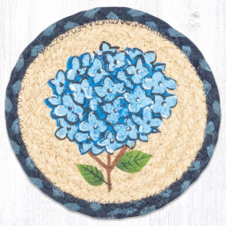 Blue Hydrangea Large Round Jute Coaster by Phyllis Stevens