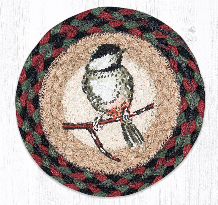 Chickadee Large Round Jute Coaster by Sandy Clough