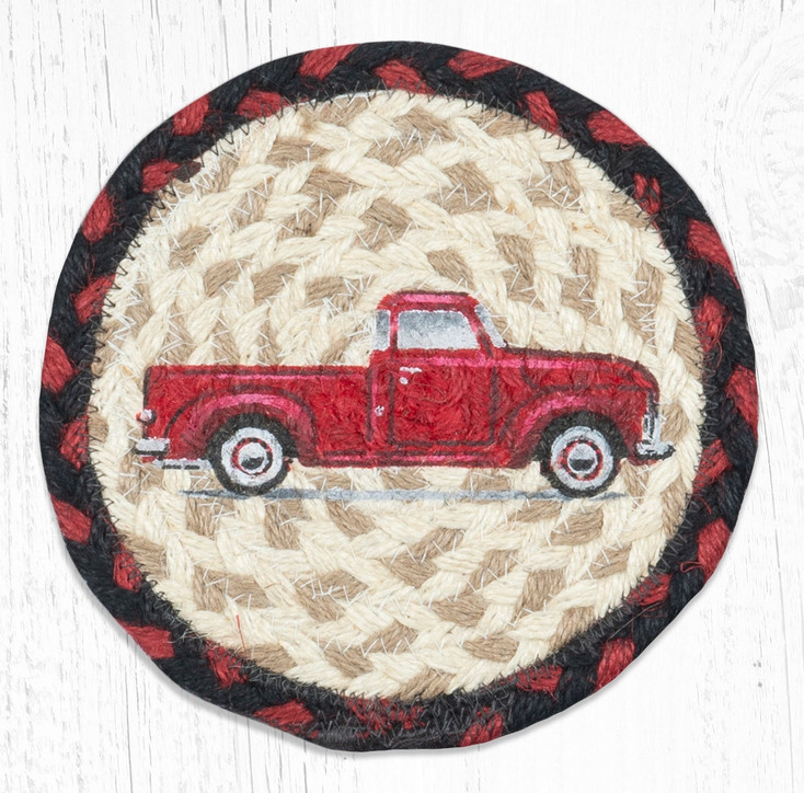 Vintage Red Truck Large Round Jute Coaster
