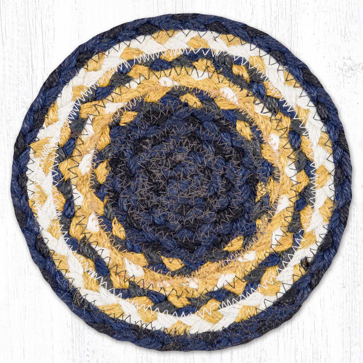 Light Blue/Dark Blue/Mustard Jute Large Round Coaster