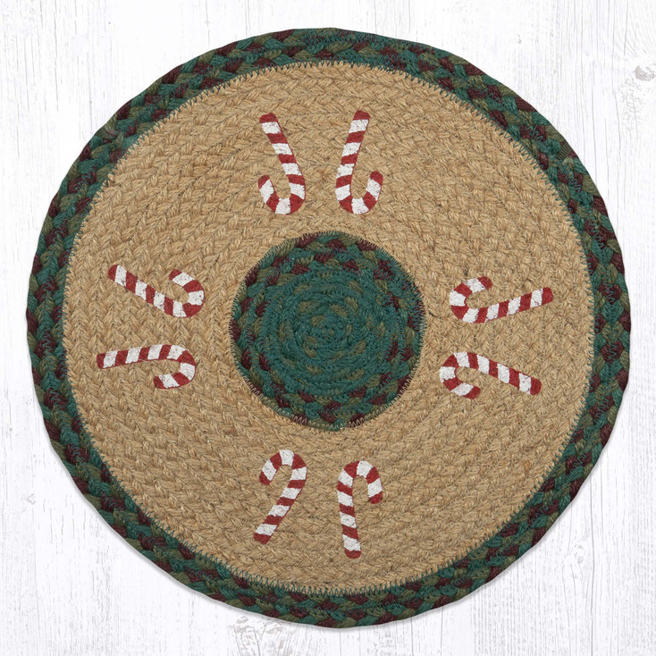 15.5" Candy Cane Braided Jute Round Chair Pad by Suzanne Pienta, Set of 2
