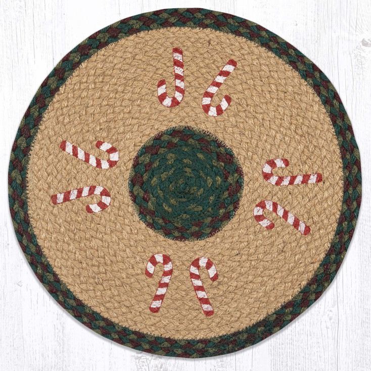 Candy Cane Printed Jute Round Placemats by Suzanne Pienta, Set of 2