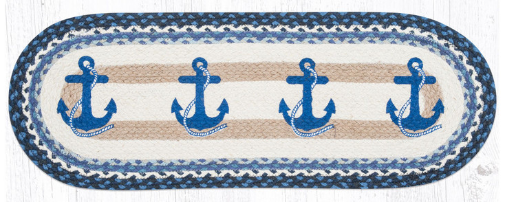 13" x 36" Navy Anchor Braided Jute Oval Table Runner by Harry W. Smith