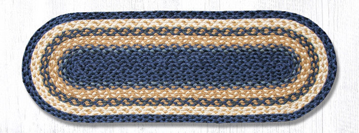 13" x 36" Light Blue/Dark Blue/Mustard Braided Jute Oval Table Runner