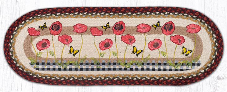 13" x 36" Poppies with Black Check Braided Jute Oval Table Runner by Sandy Clough