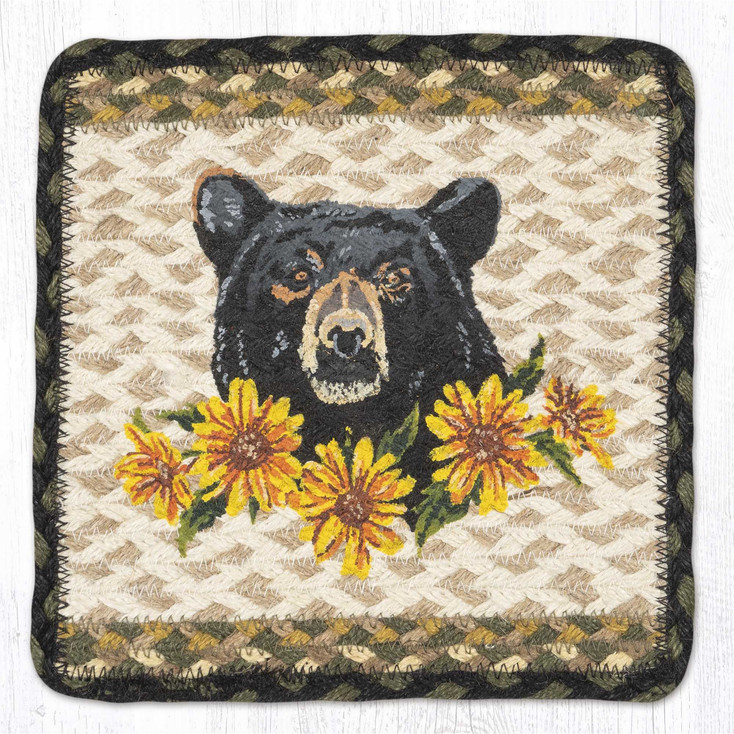 9" Bear Floral Printed Jute Square Trivet by Jan Harless, Set of 2