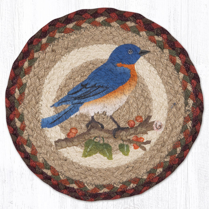 10" Bluebird Printed Jute Round Trivet by Phyllis Stevens, Set of 2