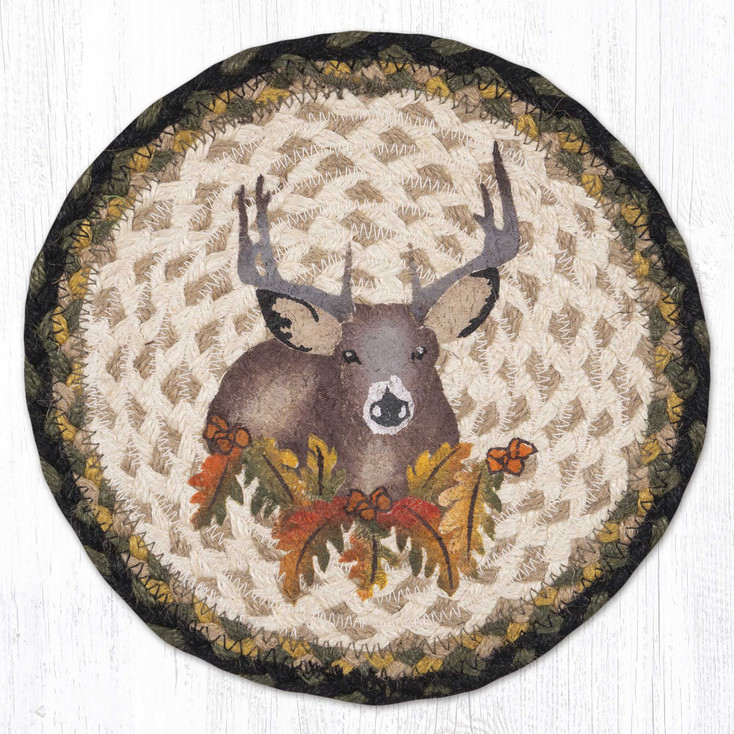 10" Deer Floral Printed Jute Round Trivet by Jan Harless, Set of 2