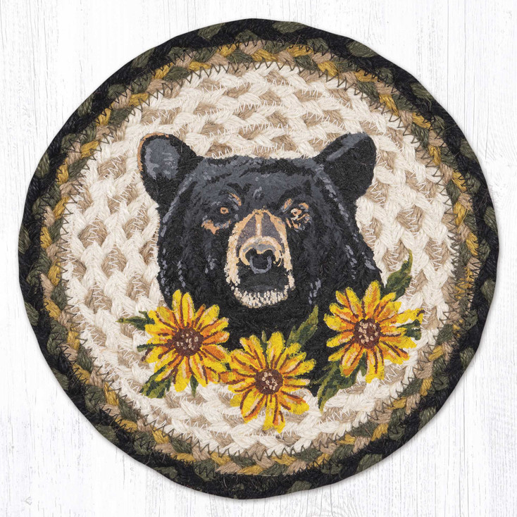 10" Bear Floral Printed Jute Round Trivet by Jan Harless, Set of 2