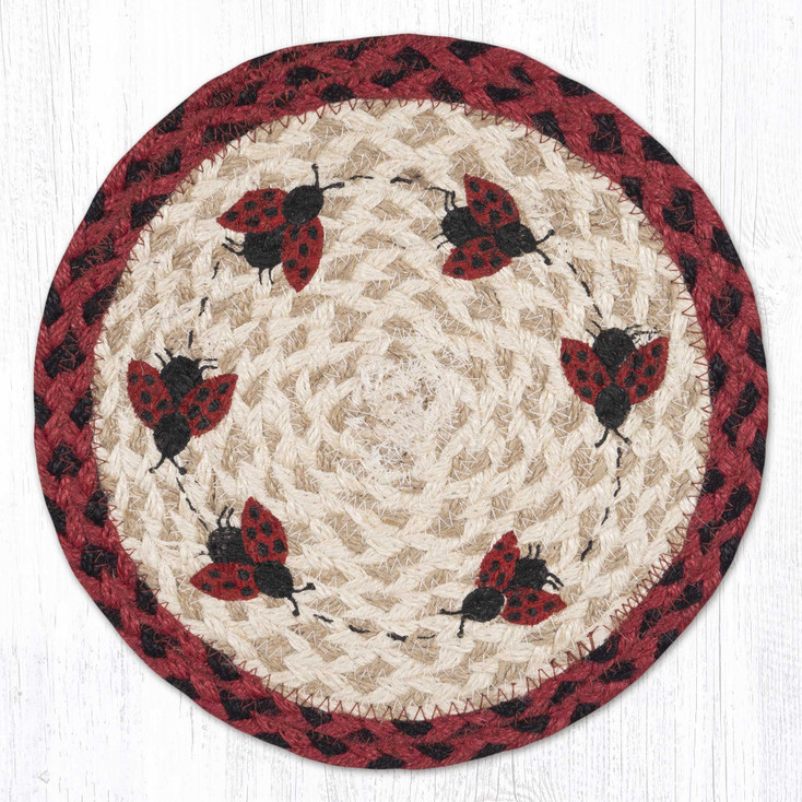 10" Ladybug Printed Jute Round Trivet by Susan Burd, Set of 2