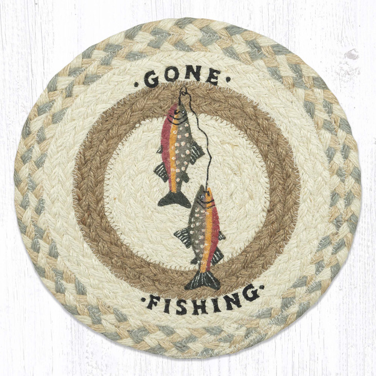 10" Gone Fishing Printed Jute Round Trivet by Susan Burd, Set of 2