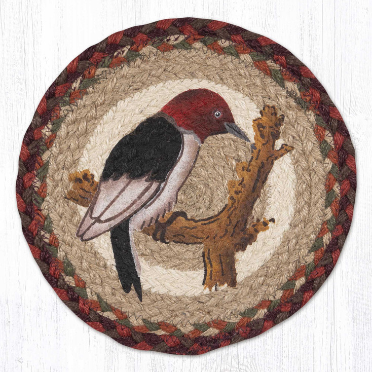 10" Woodpecker Printed Jute Round Trivet by Phyllis Stevens, Set of 2