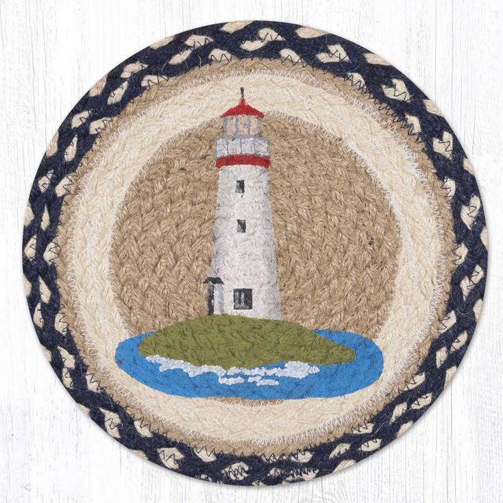 10" White Lighthouse Printed Jute Round Trivet by Suzanne Pienta, Set of 2