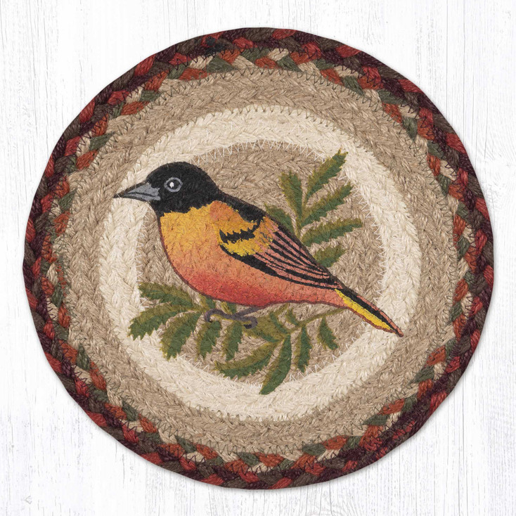 Oriole Printed Jute Round Trivet by Phyllis Stevens