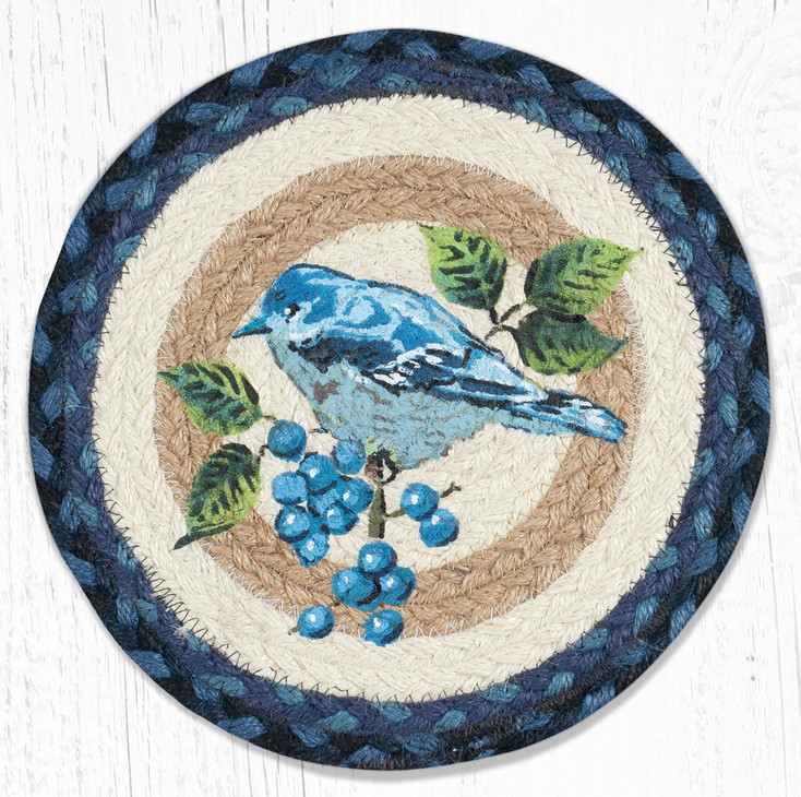 10" Spring Bluebird Printed Jute Round Trivet by Sandy Clough, Set of 2