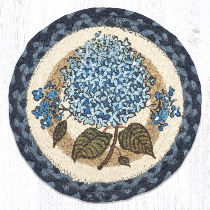 10" Blue Hydrangea Printed Jute Round Trivet by Phyllis Stevens, Set of 2
