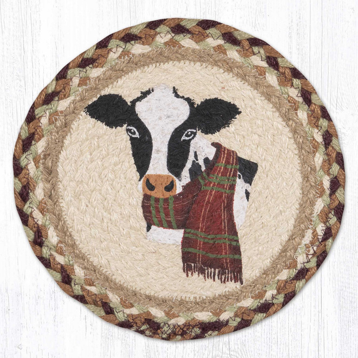 Winter Cow Printed Jute Round Trivet by Suzanne Pienta